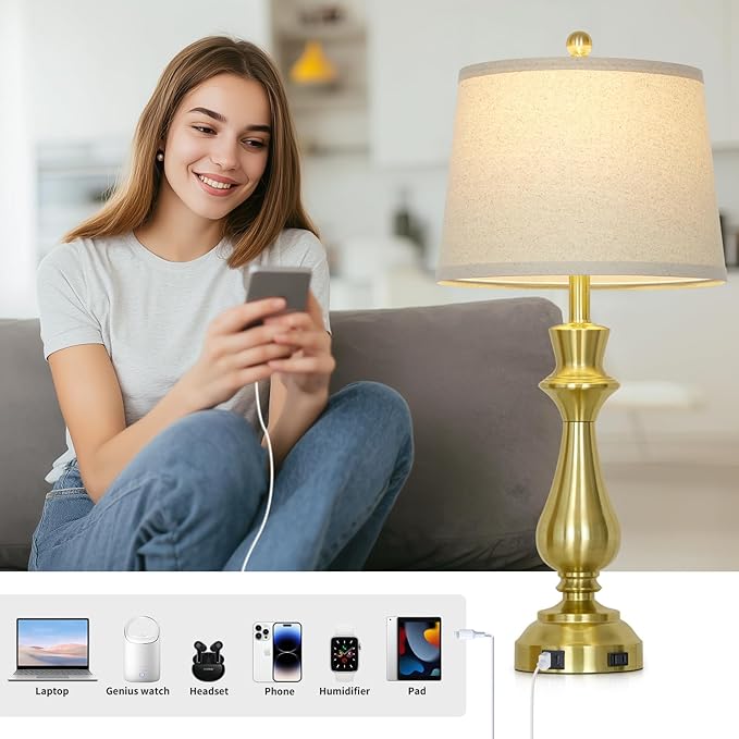 Modern Gold Table Lamps Set of 2 for Living Room,30" Tall Bedside Lamp with USB Charging Port,3-Way Dimmable Touch Nightstand Lamp for Bedroom Desk Side Table Office,Gold