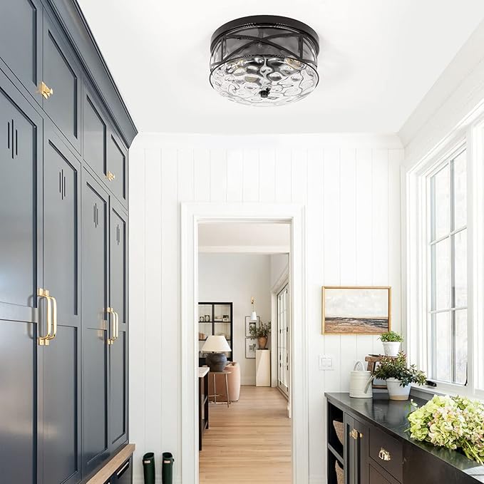 2-Light Flush Mount Ceiling Light Farmhouse Kitchen Island Ceiling Light with Bubble Glass Close to Ceiling Light Fixture for Living Room Bedroom Foyer Hallway