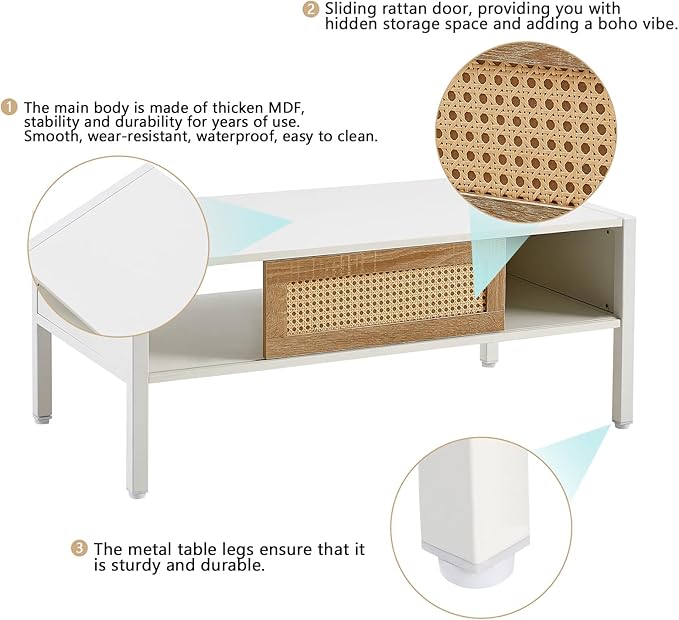 Rattan Coffee Table 40.16" Mid Century Modern Coffee Table with Storage Farmhouse Rectangle Wooden Accent Center Sofa Table with Rattan Sliding Door for Living Room (White)