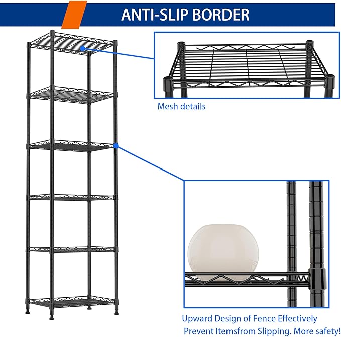 REGILLER 6 Wire Shelving Steel Storage Rack Adjustable Unit Shelves for Laundry Bathroom Kitchen Pantry Closet(Black,11.7" D x 16.8" W x 63" H)
