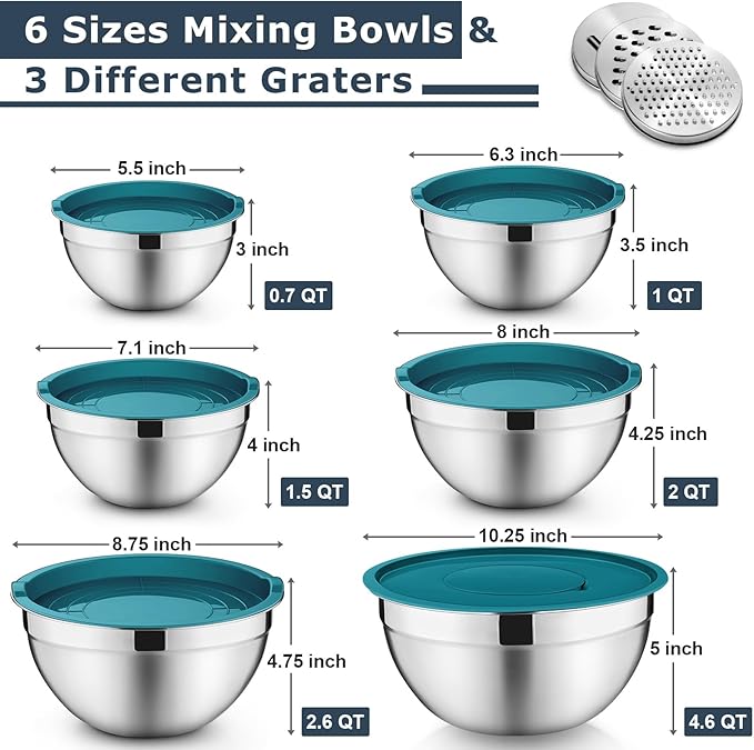 P&P CHEF Mixing Bowls with Lids Set of 6, Stainless Steel Nesting Salad Bowl & 3 Grater Attachments for Prepping Storing, 4.6/2.6/2/1.5/1/0.7 QT, Blue