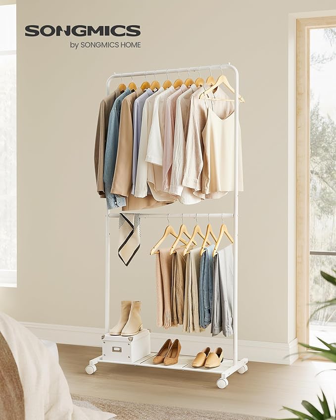 SONGMICS Clothes Rack with Wheels, Double-Rod Clothing Rack for Hanging Clothes, 25.4mm Metal Garment Rack with Dense Mesh Storage Shelf, 110 lb Load Capacity, 2 Brakes, White UHSR027W01