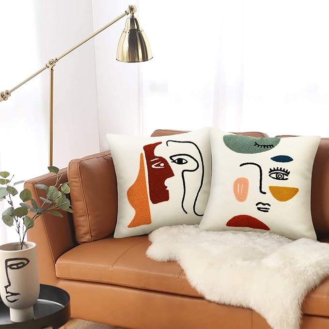 Merrycolor Soft Aesthetic Decorative Throw Pillow Covers 18x18 Modern Abstract Face Art Pillow Covers Colorful Embroidery Square Cushion Case Boho Cute Pillows for Bedroom Couch Sofa Living Room,1PC