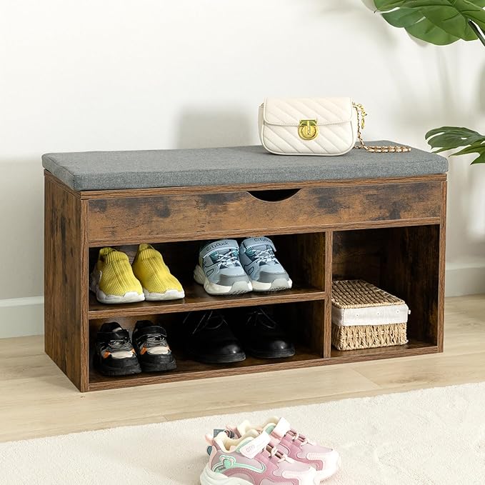 WellFurGeer Shoe Bench with Storage, Entryway Bench with Shoe Storage, Shoe Rack with Bench, Shoe Storage Bench with Padded Cushion, Brown + Gray