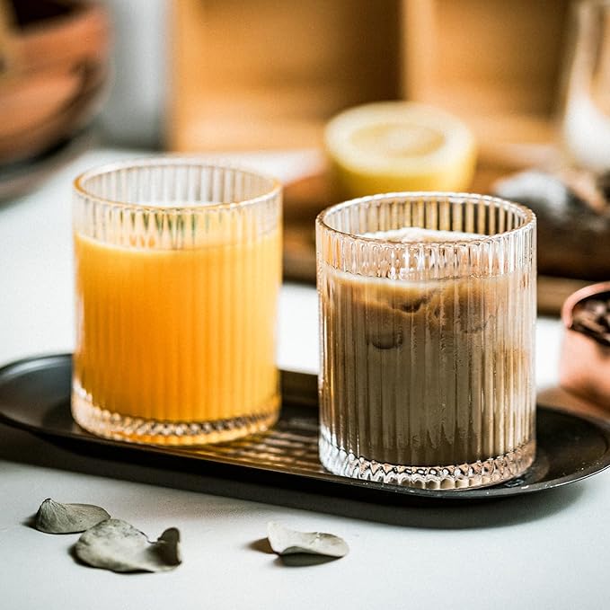 INSETLAN Set of 8 Ribbed Glassware - 4 Large Glasses 17 oz, 4 Rocks Glass Cups 10 oz, Vintage Glassware Cocktail Glasses, Ideal for Beer, Juice, Water, Ice Coffee Cup, Whiskey, Mixed Drinkware
