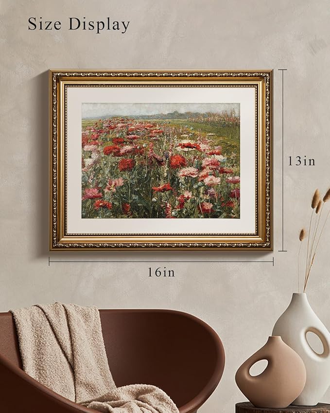 VIYYIEA Gold Framed Wall Art Canvas Print Home Decor Red Poppies Oil Paintings Classical Floral Wall Pictures for Bedroom Bathroom Living Room Flower Canvas Prints Artwork Vintage Gifts 13x16in