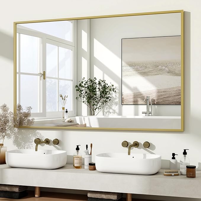 HARRITPURE 48"x30" Framed Bathroom Mirror for Wall Rectangle Mirror Aluminum Alloy Frame Wall-Mounted for Farmhouse Entryway Bedroom Living Room Gold