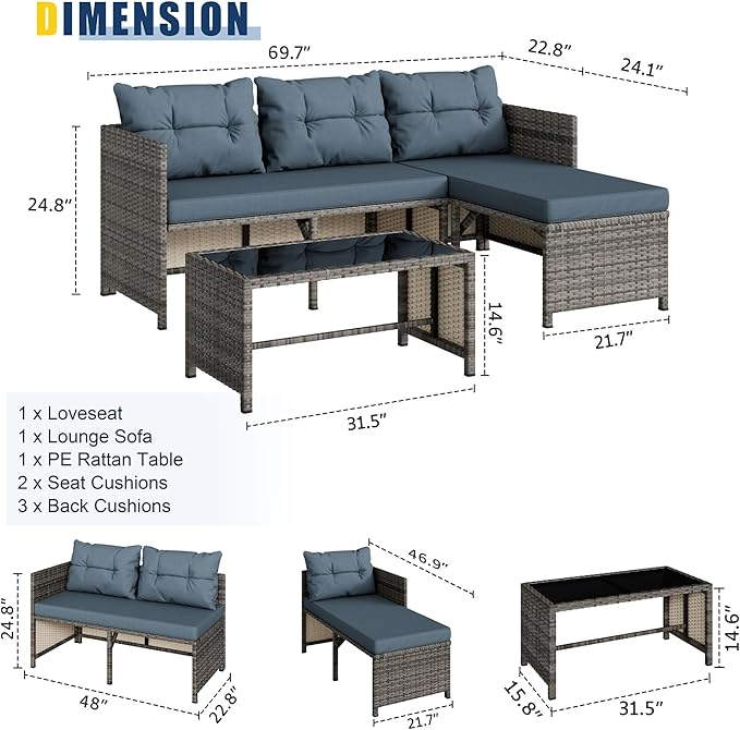 Vongrasig 3 Pieces Patio Furniture Sets, All-Weather Wicker Outdoor Sofa Couch Sectional Set, Small Conversation Set for Patio, Garden w/Cushion, Glass Table, (Blue)