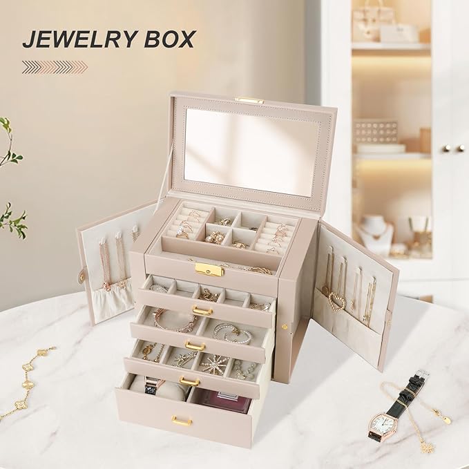 Large Jewelry Box, Jewelry Boxes for Women Large Jewelry Organizers and Storage, Women Large Jewelry Box with Mirror, 5 Layers 4 Drawers Jewelry Box with Handle Jewelry Organizer, Apricot