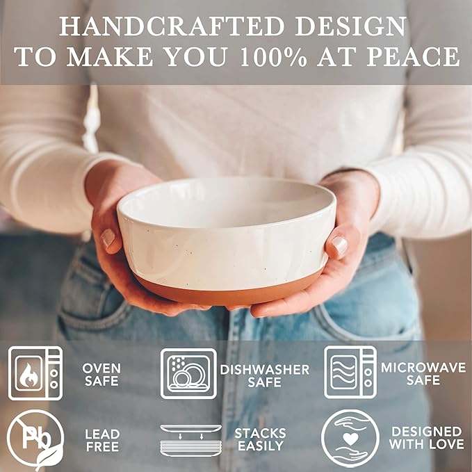 Mora Ceramic Flat Bowls Set of 4-25 oz- For Soup, Salad, Rice, Cereal, Breakfast, Dinner, Serving, Oatmeal, etc - Microwave, Dishwasher and Oven Safe Porcelain Bowl for Eating and Kitchen - Vanilla