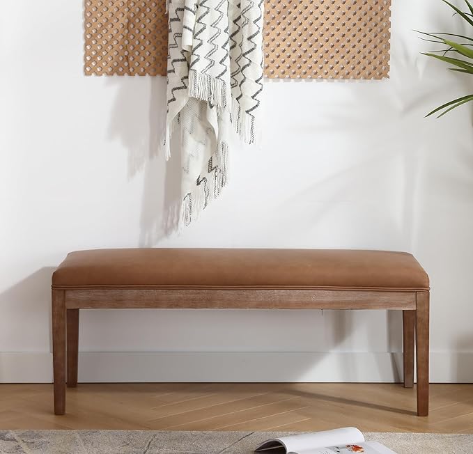 PU Leather Dining Bench Upholstered Entryway Bench Farmhouse Shoe Bench Seat Ottoman for Hallway Living Room Bedroom End of Bed Dining Room Kitchen, 45.5" Long, Brown