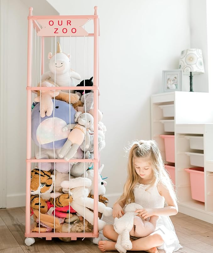 Mloong Stuffed Animal Zoo Storage, Pink Wood Stuffed Animal, Gift for Nursery Playroom Kidroom Bedroom (54inch)