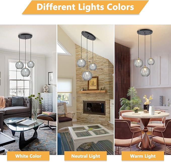 KCO Lighting 3-Lights Smoke Gray Glass Pendant Light Black Globe Round Cluster Chandelier Mid-Century Modern Multi Light Pendant Lighting Nordic Kitchen Island Light Fixture