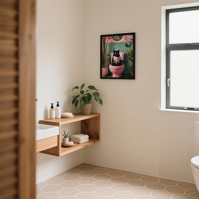 Framed Vintage Cat Canvas Wall Art, Funny Pink Animal Reading Books Painting Picture Print, Cute Kitten Lovers Aesthetic Wall Decor for Nursery Girls Room Bedroom Kids Room 10''L x 8''W