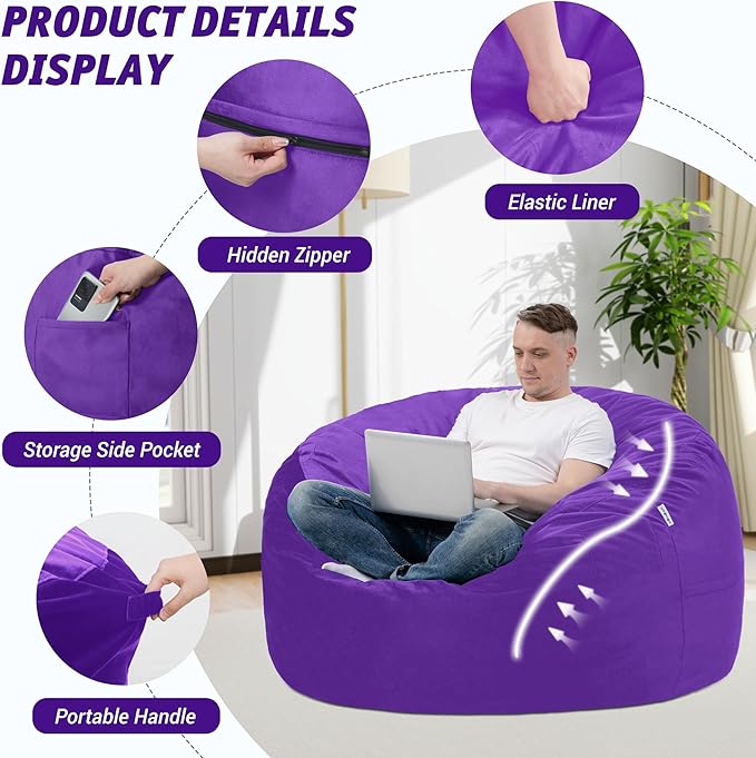 3FT Bean Bag Chair with Ultra Soft Velvet Cover Bean Bag Sofa with Memory Foam Bean Bag Chairs with Large Size Lazy Sofa for Dorm Office Living Room Bedroom Purple 3'