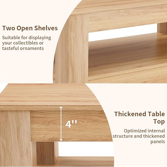 43.3" Coffee Table with Storage, 2-Tier Mid Century Rectangular Accent Table with Thick Tabletop, Rustic Style Cocktail, Center Table for Living Room, Office, Apartment (Natural Wood)