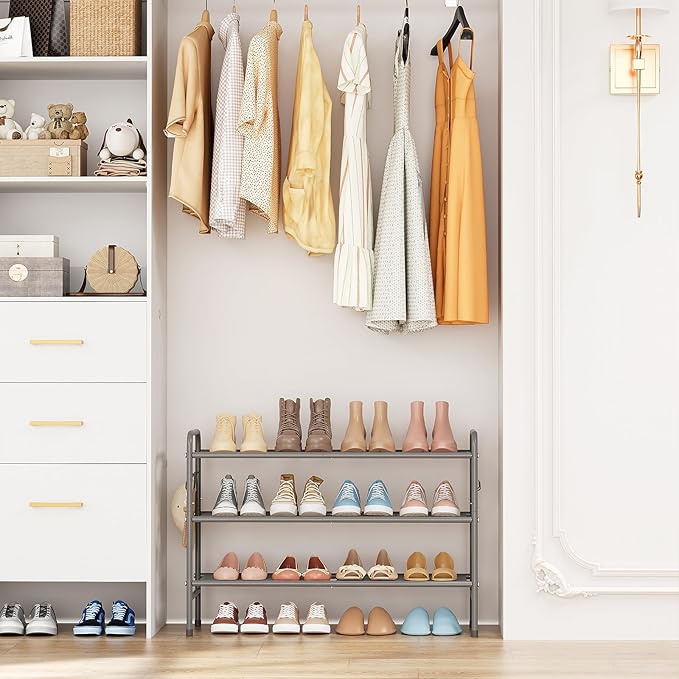 3 Tier Shoe Rack 33" Wide Metal Shoe Organizer Long Shoe Storage with 4 Side Hooks Sturdy Shoes Shelf for Front Door Entrance, Closet, Garage, Dorm, Grey