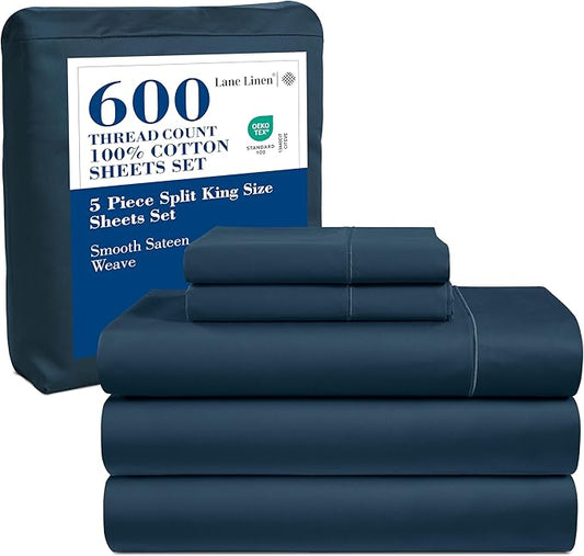 LANE LINEN Split Sheets Set for Adjustable Beds - King Size - 5 Pieces - Denim Sateen Weave