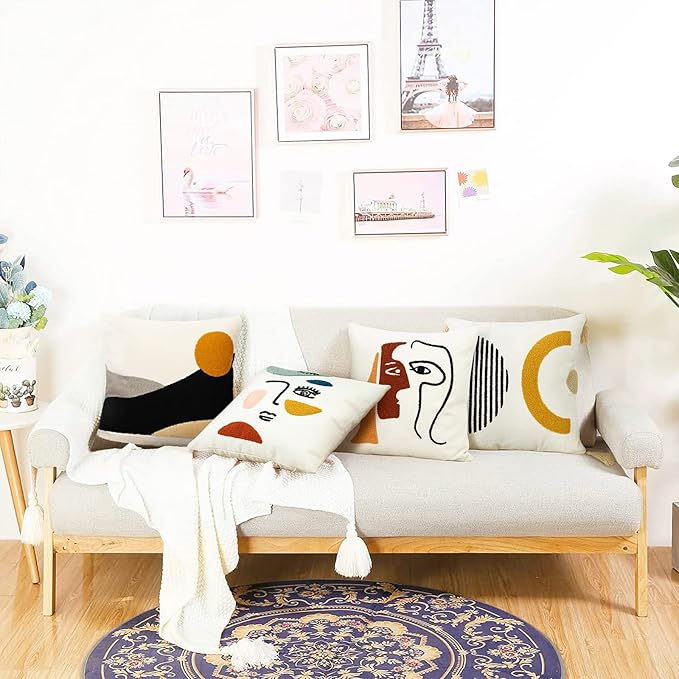 Merrycolor Tufted Boho Decorative Throw Pillow Covers Mid Century Modern Pillows Sun Pillowcases Couch Pillow Covers for Bed Sofa Living Room 18 X 18 Inch Mustard Yellow and Black