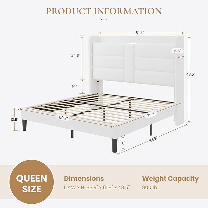 SHA CERLIN Queen Size Bed Frame with Charging Station & Storage Headboard, Velvet Platform Bed with Upholstered Modern Wingback Design, Wooden Slats Support, No Box Spring Needed, Easy Assembly, White