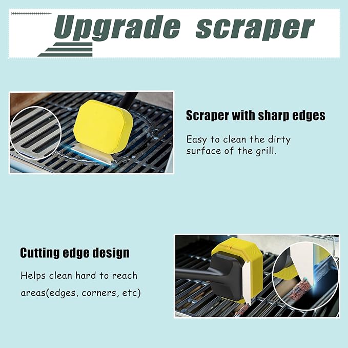 Hairless Grill Brush Set, with Scraper Heat-Resistant Cloth Brush Head and Stainless Steel Spring Brush Head Removable and Replaceable,Suitable for Cast Iron and Stainless Steel Grates