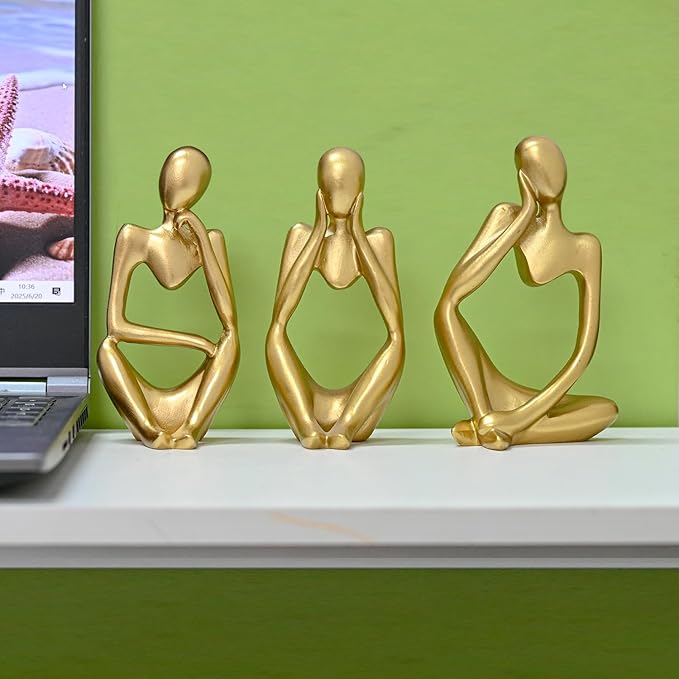 BOPART 3Pcs Gold Statues Decor for Home, Office or Living Room, Resin Thinker Figurines Sculptures Gold Accent for Bookshelf or Coffee Table Decoration