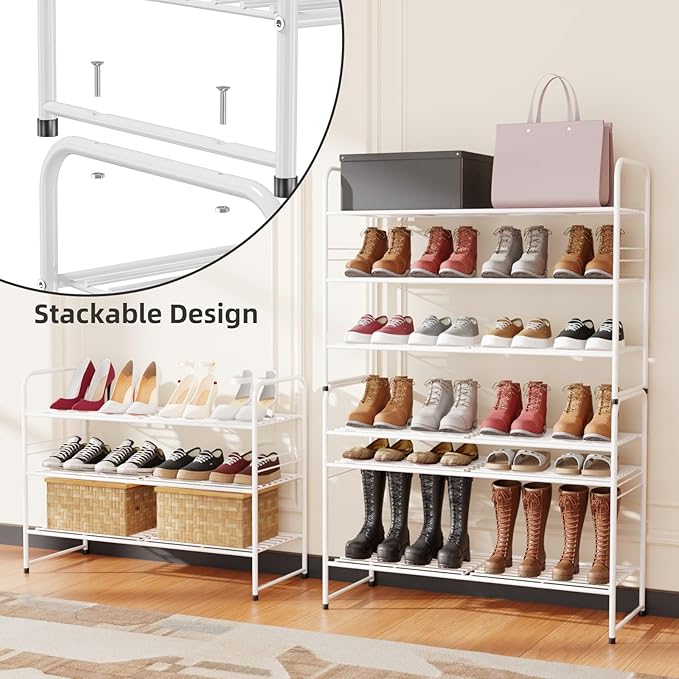SUFAUY 3-Tier 33" Wide Shoe Rack, Closet Metal Shoe Rack Organizer Heavy Duty, Stackable, White
