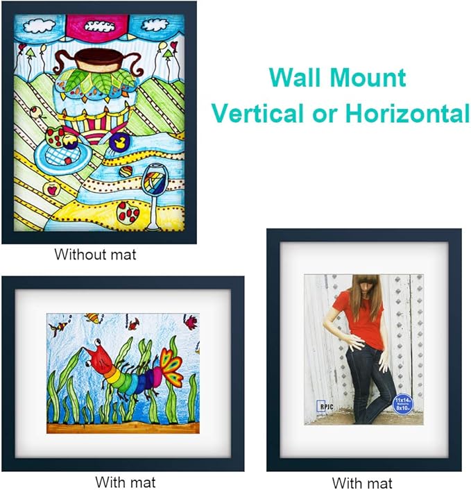 RPJC 11x14 inch Picture Frame Made of Solid Wood and High Definition Glass Display Pictures 8x10 with Mat or 11x14 Without Mat for Wall Mounting Photo Frame Jazz Blue