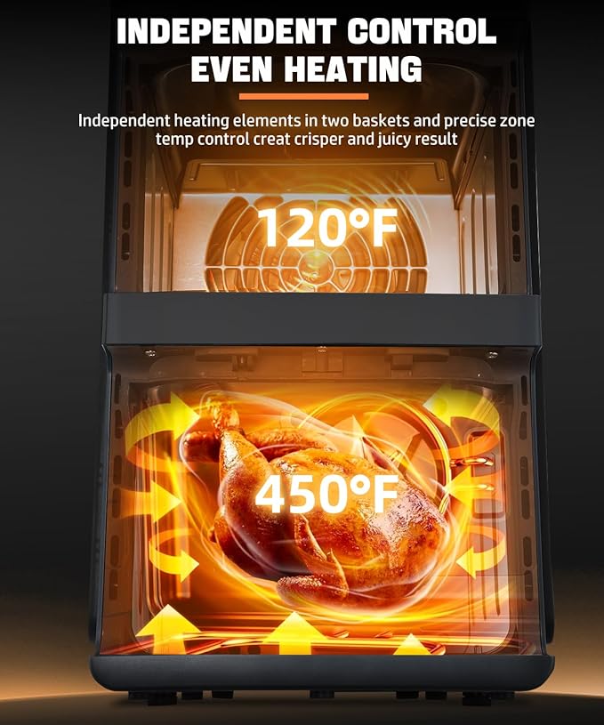12QT Dual Layer Air Fryer Oven, 6QT×2 Capacity, Vertical 2-Basket Design, 7-in-1 Function with Broil, Roast, Bake, Reheat, Dehydrate, and Air Fry, Family Size, BPA-Free