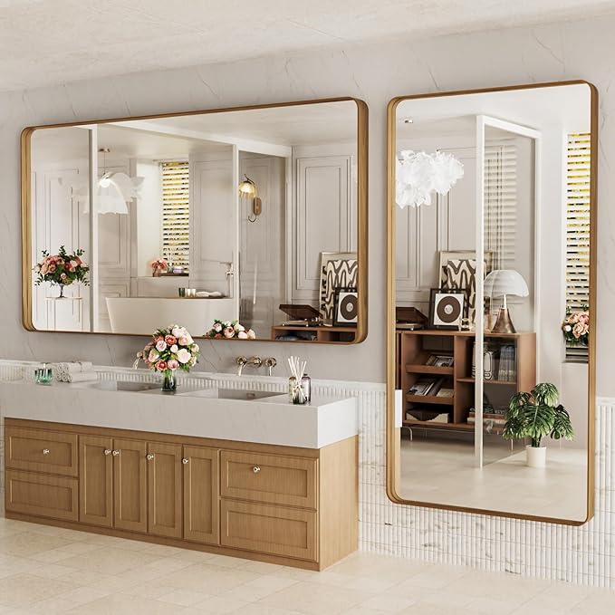 LOAAO 84X32 Inch Bathroom Mirror with Wood Grain Colored Metal Frame, Rounded Rectangle Metal Framed Bathroom Mirror, Anti-Rust, Hangs Horizontally or Vertically, Tempered Glass