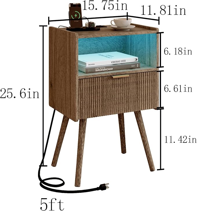 Modern Bedside Table, Nightstand with Charging Station and LED Lights