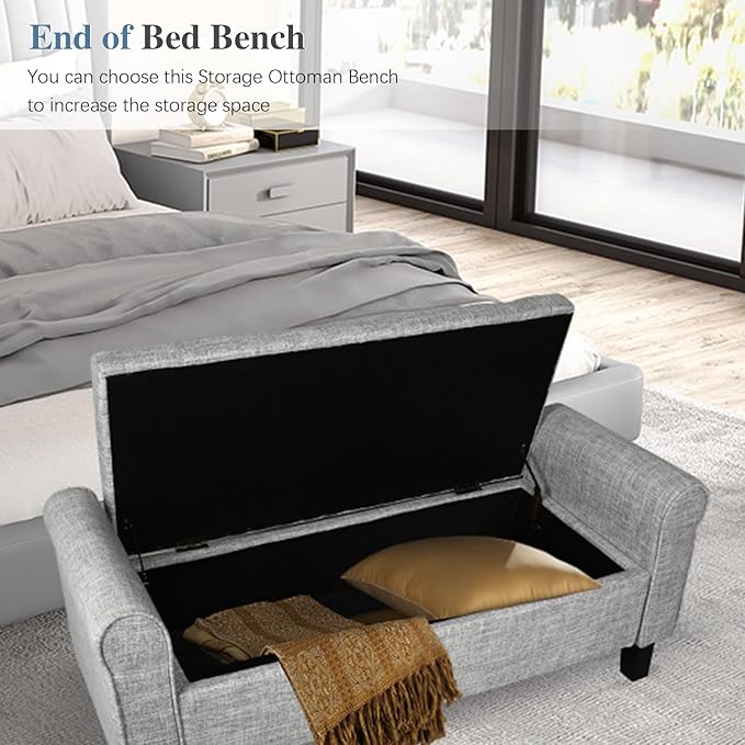 Storage Ottoman Bench with Arms, End of Bed Bench for Bedroom, Button Tufted for Entryway, Living Room,Hallway (Light Grey)