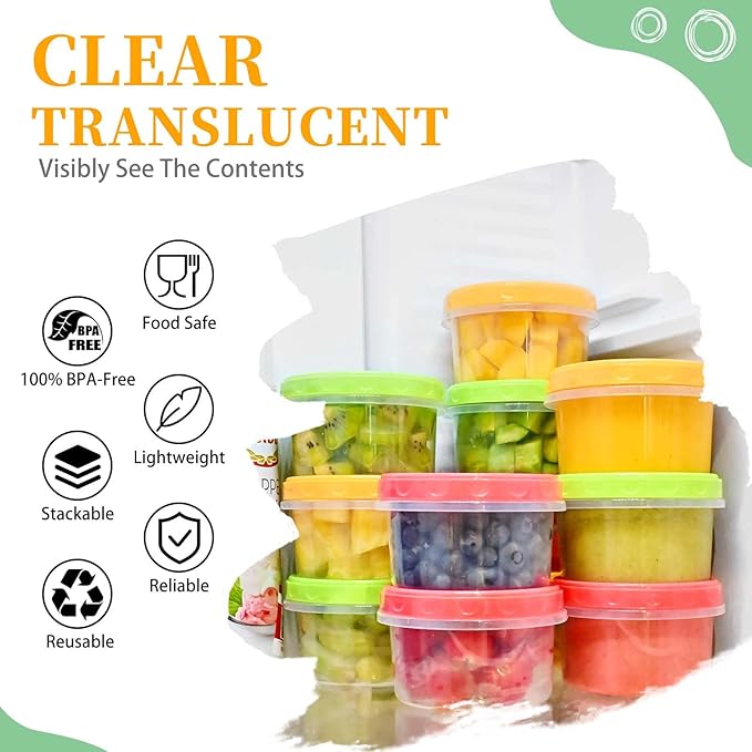 TOFLEN Reusable Small Freezer Containers 8 Oz Plastic Food Storage Containers with Screw On Lids, Leakproof & Airtight, Freezer Safe, Dishwasher Safe, Set of 12 Multicolor