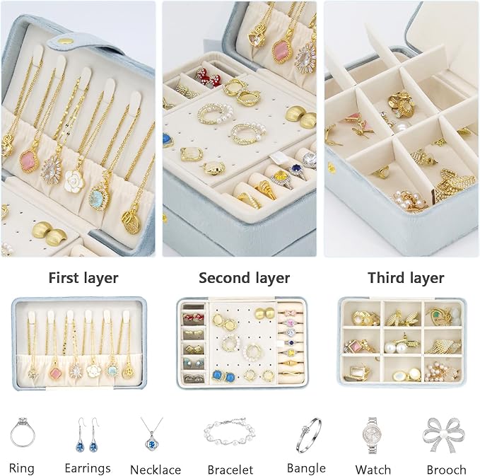 KOOAAICCHI Small Jewelry Box, Travel Jewelry Organizer, Portable Jewelry boxes for Women Girls Gift, Double Layers PU Leather Jewelry Holder for Rings, Earrings, Necklaces-Velvet Blue