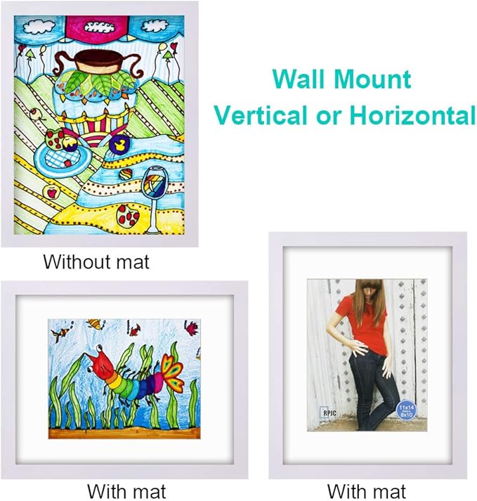 RPJC 11x14 Picture Frames Made of Solid Wood and High Definition Glass Display Pictures 8x10 with Mat or 11x14 Without Mat for Wall Mounting Photo Frame White