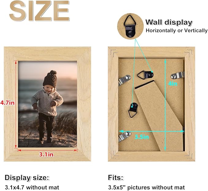 KINLINK 3.5x5 Picture Frame Natural, Solid Wood Frames with Plexiglass for Table Top and Wall Mounting, Photo Frames for Horizontal or Vertical Display, 4 Pack