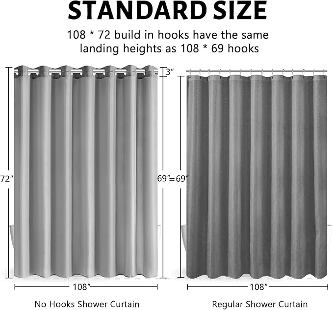 No Hook Extra Wide Shower Curtain,Polyester Fabric Shower Curtain Liner with 14 Plastic Split Grommets,Hotel Style Machine Washable & Waterproof Curtains for Bathroom,Light Grey 108x72 Inch