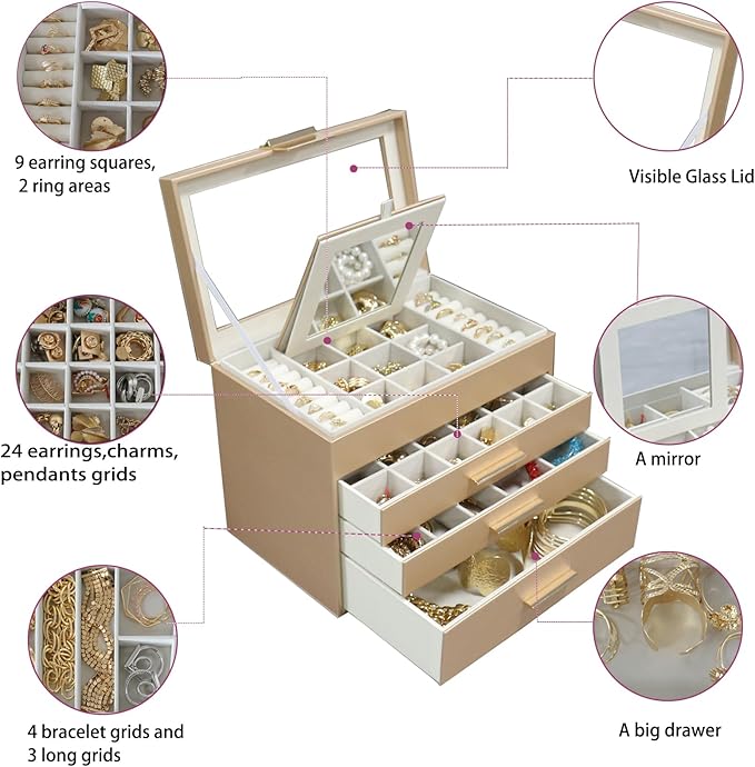 BOOVO Jewelry Boxes for Women, White and Black 4 Layer Large Jewelry Box for Necklace, Bracelet, Earrings, Rings Storage, Jewelry holder Organizer for Girls Gift (Gold, 4 layer)