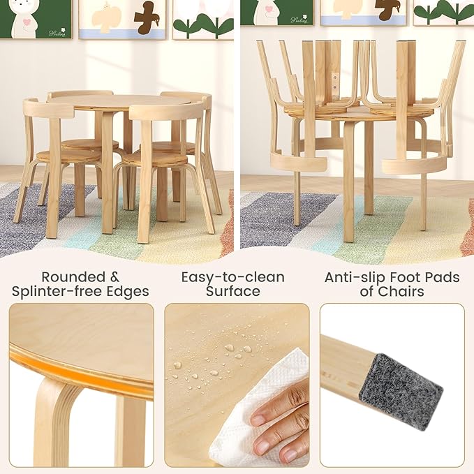 HONEY JOY Kids Table and Chair Set, Bentwood Toddler Round Table and 4 Chairs for Craft Art, Building Block, 5-Piece Children Furniture Set for Daycare, Kindergarten, Playroom (Natural)