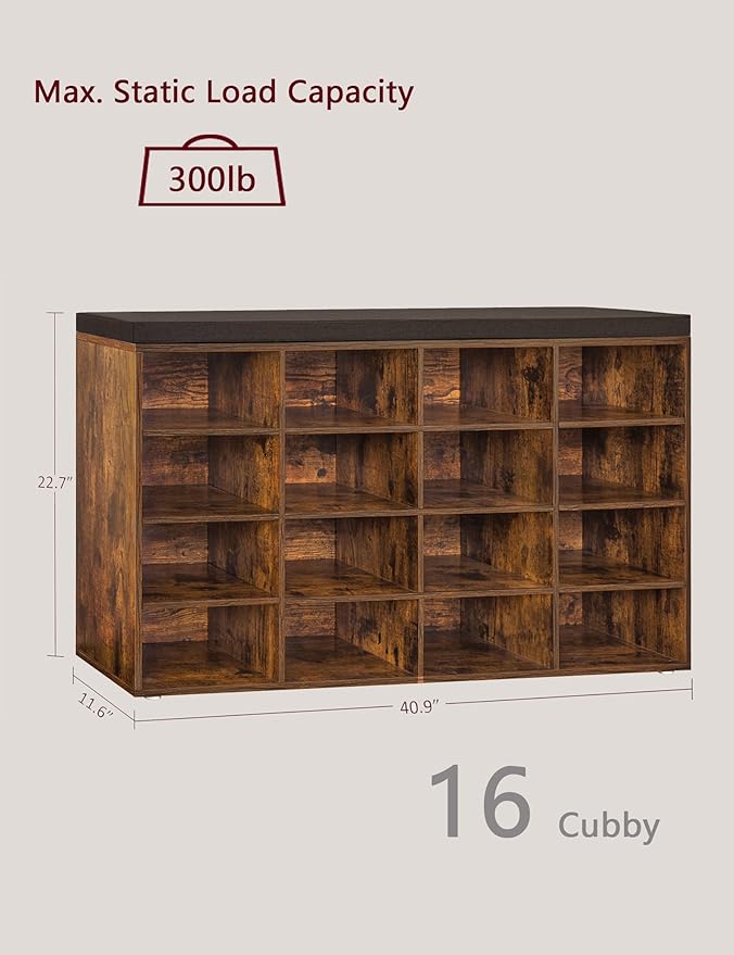 DINZI LVJ Shoe Storage Bench with Cushion, 16-Cubby Shoe Rack, Adjustable Shelves, Multifunctional Shoe Organizer Bench for Entryway, Mudroom, Hallway, Living Room, Bedroom and Garage, Rustic Brown