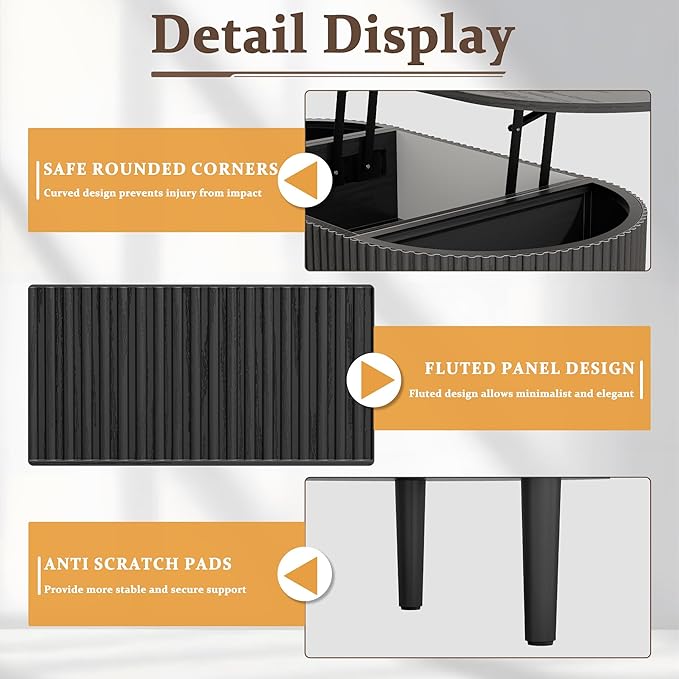 EAG Fluted Lift Top Coffee Table with Hidden Compartment, Modern Oval Coffee Table with Storage, Fully Wood Center Table for Living Room, Office, Black