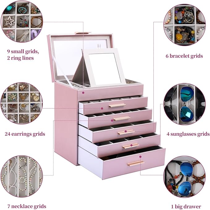 BOOVO Jewelry Boxes for Women, White and Black 6 Layer Large Jewelry Box for Necklace, Bracelet, Earrings, Rings Storage, Jewelry holder Organizer for Girls Gift (Rose gold, 6 layer)