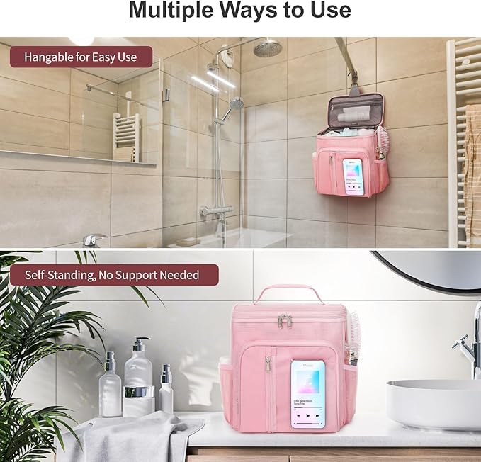 F-color Hanging Shower Caddy Portable - College Dorm Essentials for Guys with Hooks, Quick-Dry Shower Bag for Dorm Travel Gym Camping, Water-Resistant with Multiple Pockets, 2 Packs Black & Pink