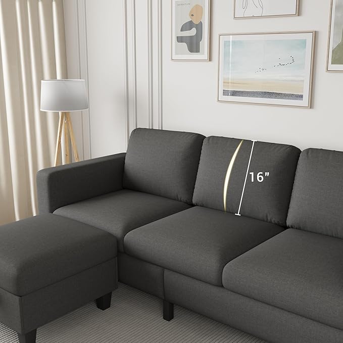 Sectional Sofa Couches for Living Room - L Shaped Cloud Couch-Small Modular 3 Seat-Comfy Linen with Storage Deep Seat Sofa,Washable Covers-Suitable for Living Room-Apartment-Office-Bedroom-Dark Grey