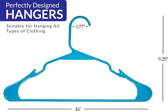 Royale Linens 20 Pack Blue Plastic Hangers for Clothes - Heavy Duty Clothes Hanger for Everyday Use - Lightweight & Space Saving Notched Plastic Hangers