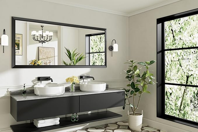 72x32 Inch Black Bathroom Mirror for Wall, Thick Metal Framed Rectangle Mirrors for Over Sink, Bedroom, Living Room, Entryway, Anti-Rust, HD Tempered Glass