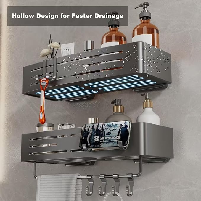 Voldra Shower Caddy Suction Cup, 2 Pack Shower Shelves for Inside Shower No Drilling, Aluminum Suction Showers Organizer with Towel Bar & Hooks Removable Bathroom Shelf Storage Rack(Gray)