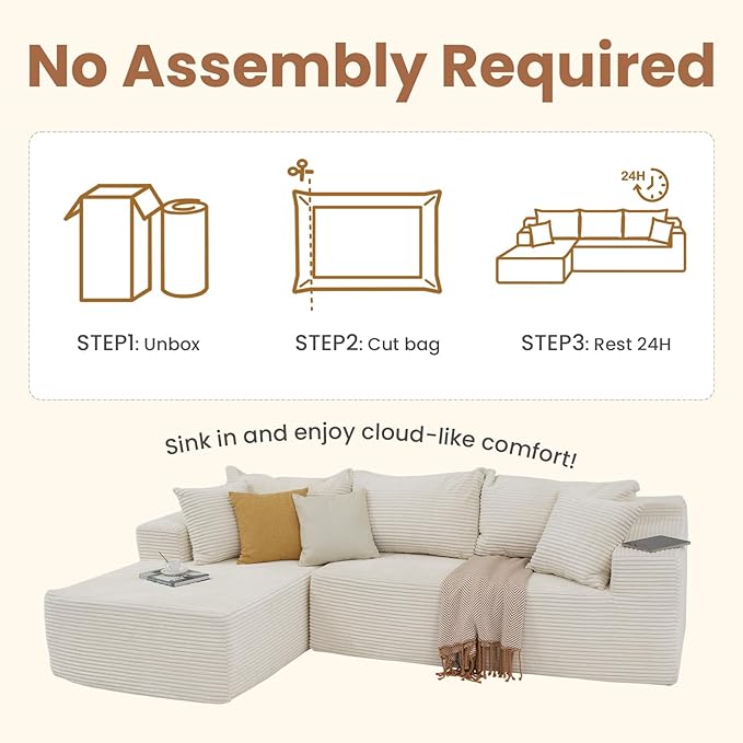 OC Orange-Casual 106.3" Cloud Sectional Couch with L-Shape Chaise,No Assembly Required Modular Sofa,Upholstered Boneless Couches for Living Room, Plush Corduroy Fabric (White, Left Facing Chaise)