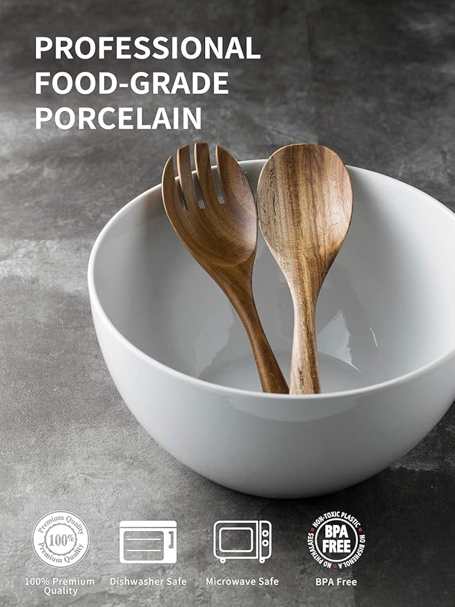 LAUCHUH Salad Serving Bowls, 5 Quarts Porcelain White Serving Bowl Extra Large Mixing Bowl with Spoon Set for Salad, Preparing, Pasta, Popcorn, Chips, Fruit, Vegetables, Thanksgiving, Christmas, 3 Pcs