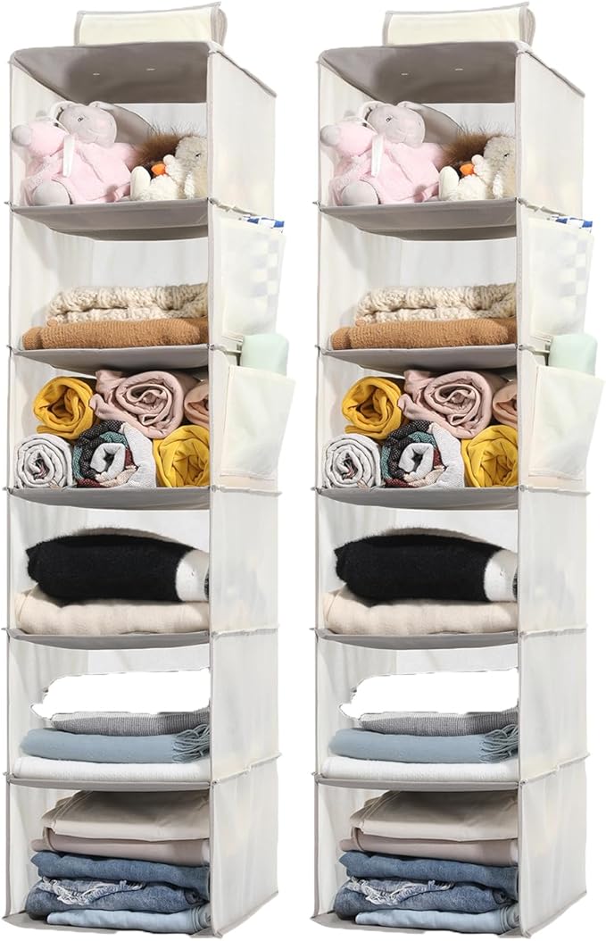 2 Packs Hanging Closet Organizer Storage, 6-Shelf Hanging Shelves for Closet, Closet Clothes Organizer and Storage with Side Pockets, Beige
